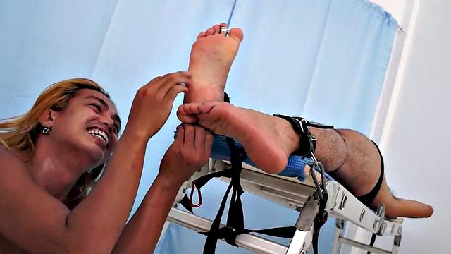 Cyruz returns for his first tickle session on the tickle rack. Hunter and Idol are the ticklers who put this chubby Asian boy through a laughter-filled tickle adventure!