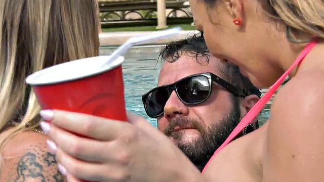 TS group sex with stunning cockhungry trans in pool