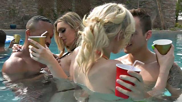 TS group sex with stunning cockhungry trans in pool