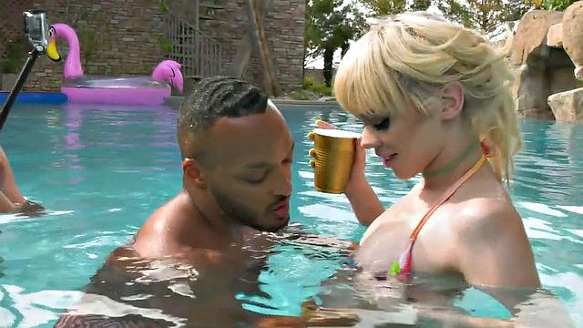 TS group sex with stunning cockhungry trans in pool