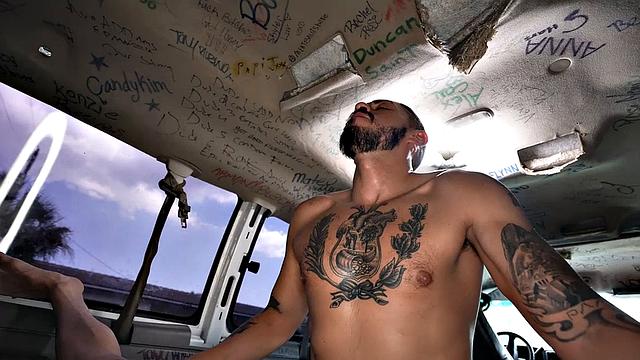 Picked up jock with tattoos fucks gay in bus till cum