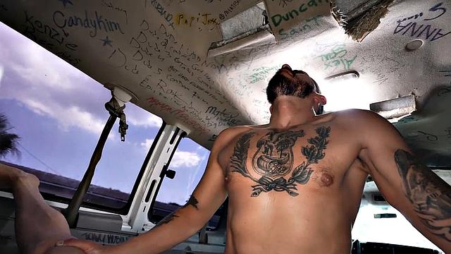 Picked up jock with tattoos fucks gay in bus till cum