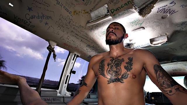 Picked up jock with tattoos fucks gay in bus till cum