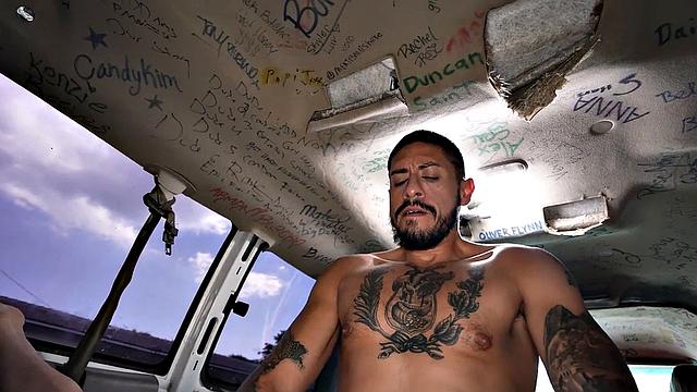 Picked up jock with tattoos fucks gay in bus till cum