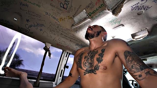 Picked up jock with tattoos fucks gay in bus till cum