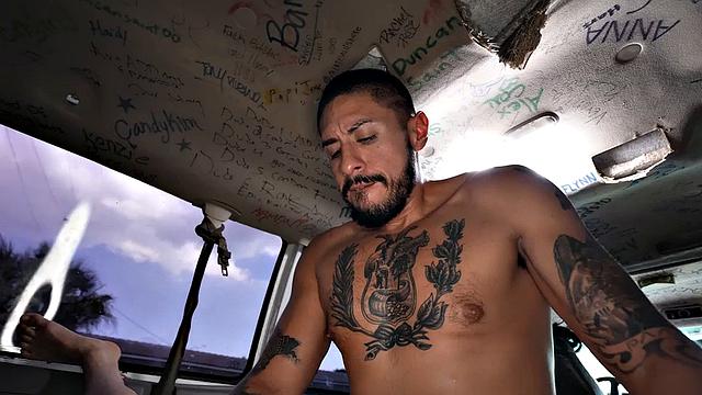 Picked up jock with tattoos fucks gay in bus till cum