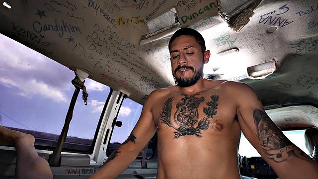 Picked up jock with tattoos fucks gay in bus till cum