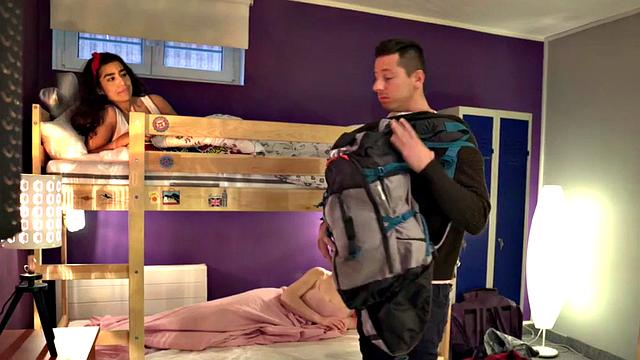 Busty teen babes enjoy 3some suck and fuck in hostel room