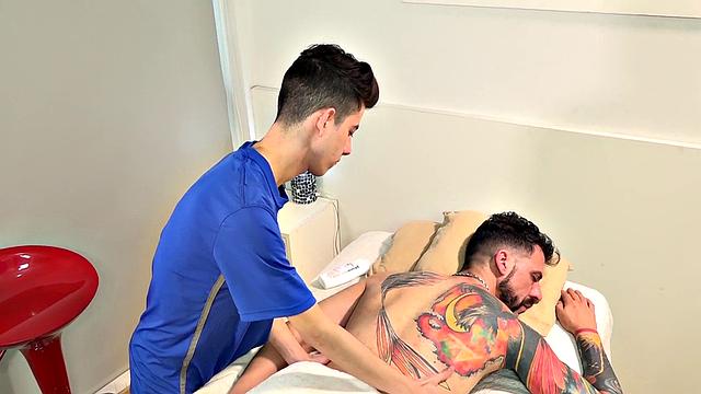 Massaging Latin twink sucks before bareback by DILF