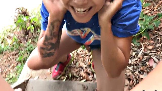 Anal redhead fucked outdoors by strapon toy in POV