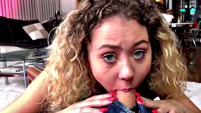 Curly teen sucking big cock in POV before cowgirl sex