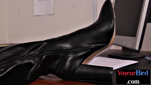 Sexy office voyeur teasing colleague