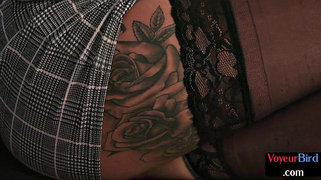 Big-titted glasses voyeur watching wanker