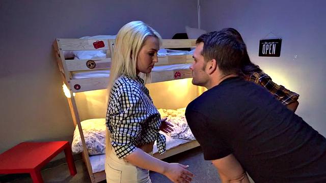 Nympho girls playing with gamer roommate in hotel 3some