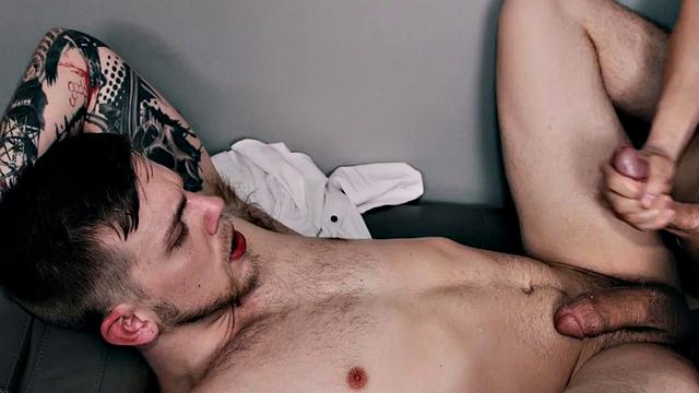 Tattoo stud seduced into blowjob and bareback in office