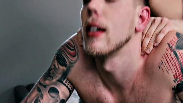 Tattoo stud seduced into blowjob and bareback in office