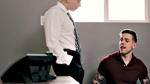 Tattoo stud seduced into blowjob and bareback in office
