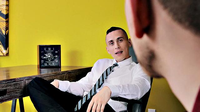 Tattoo stud seduced into blowjob and bareback in office