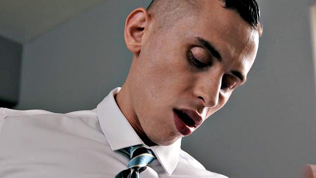 Tattoo stud seduced into blowjob and bareback in office