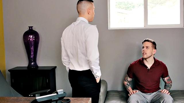 Tattoo stud seduced into blowjob and bareback in office