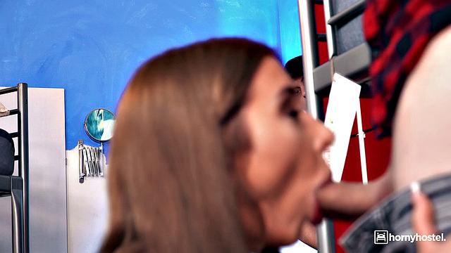 Sexy girl in threesome at the hostel