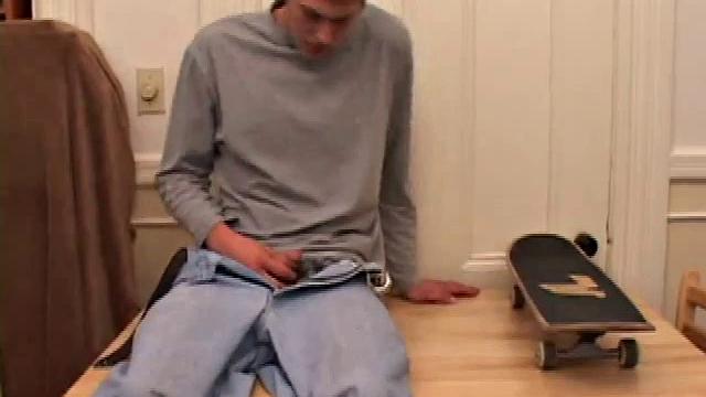 Horny amateur Brent Stenson decides that the kitchen table is a good place to stroke out a load. He pulls out his growing cock and, after a serious stroking session, blows a massive cum shot onto the table and his skateboard.