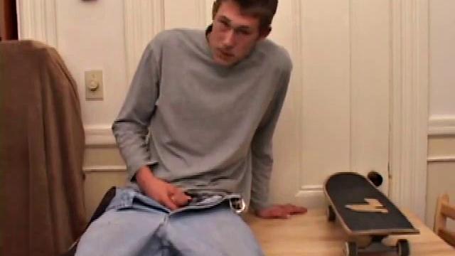 Horny amateur Brent Stenson decides that the kitchen table is a good place to stroke out a load. He pulls out his growing cock and, after a serious stroking session, blows a massive cum shot onto the table and his skateboard.