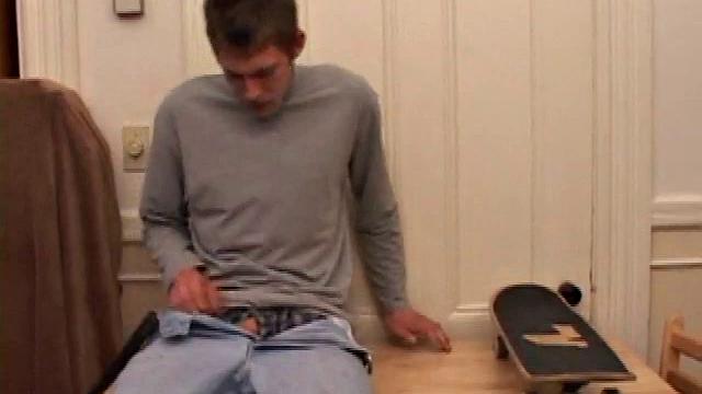 Horny amateur Brent Stenson decides that the kitchen table is a good place to stroke out a load. He pulls out his growing cock and, after a serious stroking session, blows a massive cum shot onto the table and his skateboard.