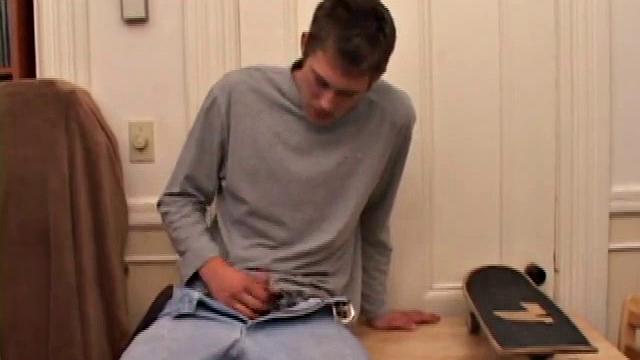 Horny amateur Brent Stenson decides that the kitchen table is a good place to stroke out a load. He pulls out his growing cock and, after a serious stroking session, blows a massive cum shot onto the table and his skateboard.