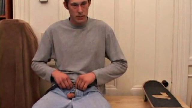 Horny amateur Brent Stenson decides that the kitchen table is a good place to stroke out a load. He pulls out his growing cock and, after a serious stroking session, blows a massive cum shot onto the table and his skateboard.