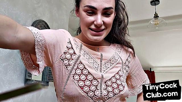 CFNM British babe teasing small cock and begging for cum