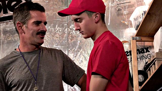 Gaydaddy bottom fucked in stockroom by skinny twink