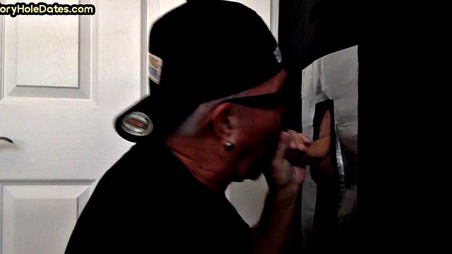 Mature DILF with moustache sucks hard in gloryhole