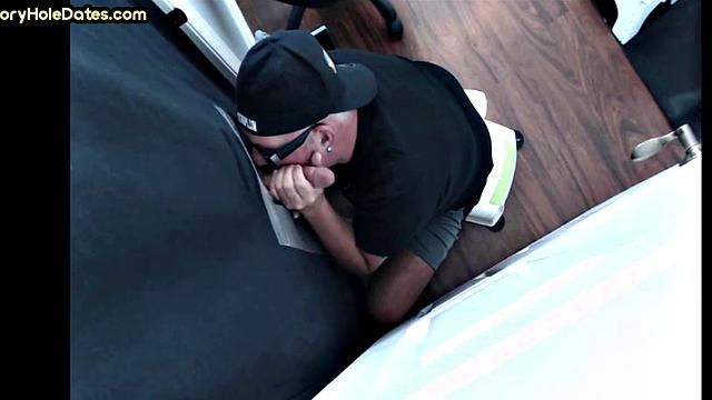 Mature DILF with moustache sucks hard in gloryhole