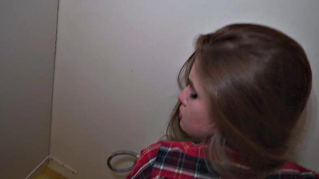 Public slut pleasuring cock in bathroom POV deepthroat