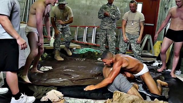 Military studs enjoy an orgy in front of their colleagues