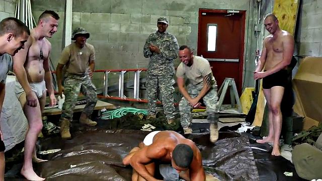 Military studs enjoy an orgy in front of their colleagues