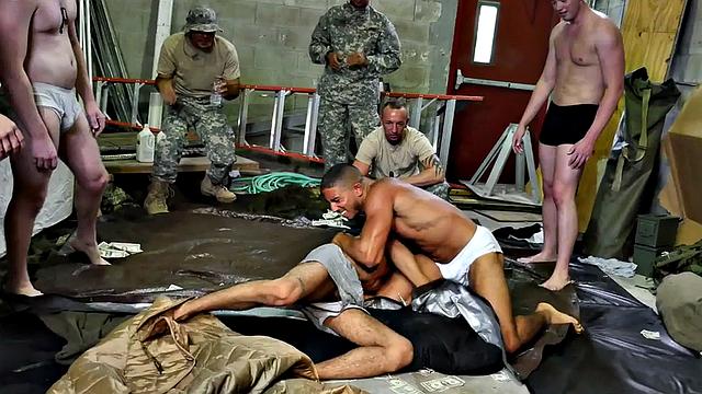 Military studs enjoy an orgy in front of their colleagues