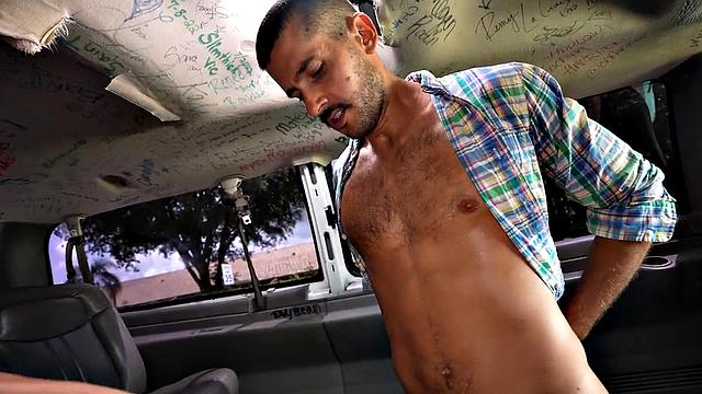 Random stud fucks facial gay in public van outdoor