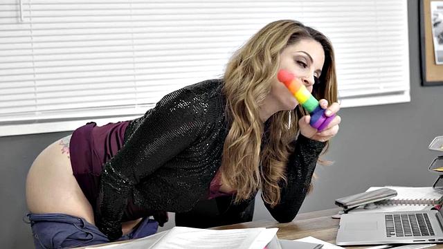 Busty office lesbian dildo fucking pussy in erotic couple