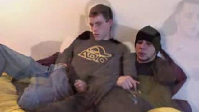 We look in on Bradley and Nate, as they watch some porn and get ready to jack off together. What follows is a side-by-side buddy jerk off, with some brief interludes of mutual dick sucking. Nate shoots first and eats some of his cum.