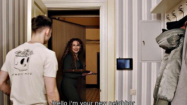 SHAME4K. Redhead with curly hair gives new neighbor pie and a blowjob