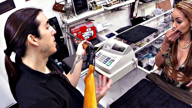 Pawnshop nympho slut fucked in office in doggystyle