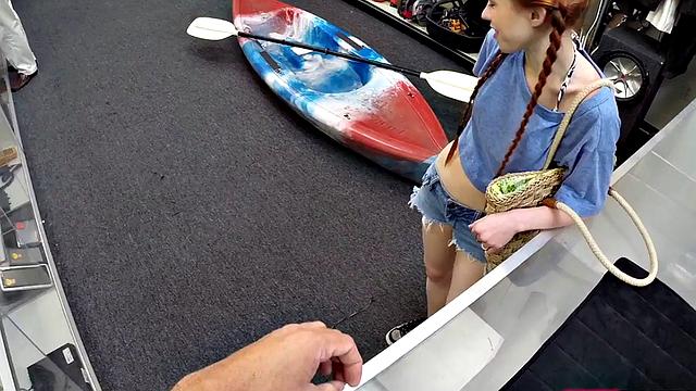 Petite redhead gives blowjob to huge cock and gets cumshot