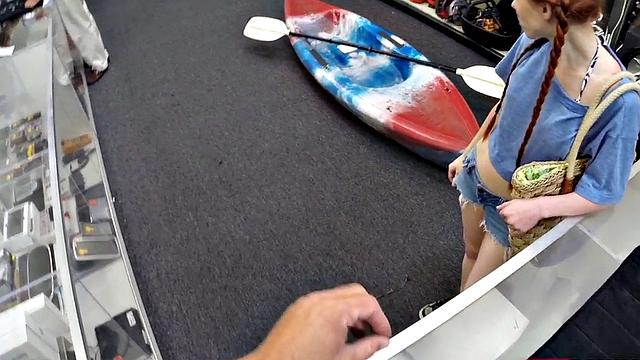 Petite redhead gives blowjob to huge cock and gets cumshot