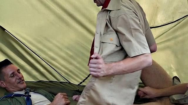 Elder gay scout fucks twinks in outdoor 3some tent