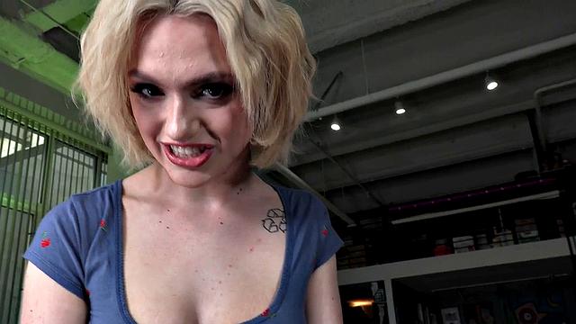 Tugging busty babe jerks stiff cock in dirty talking POV