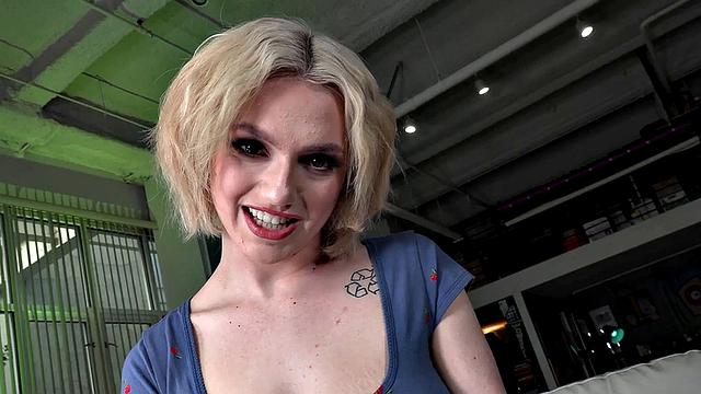 Tugging busty babe jerks stiff cock in dirty talking POV