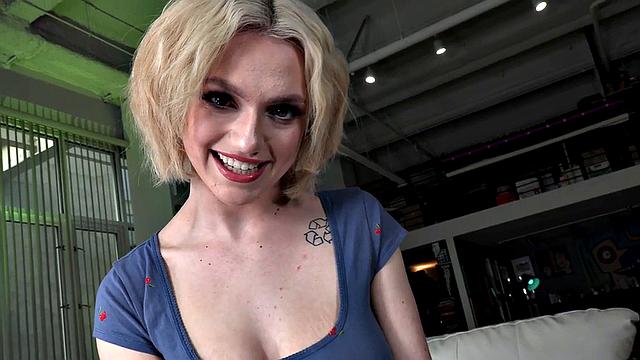 Tugging busty babe jerks stiff cock in dirty talking POV