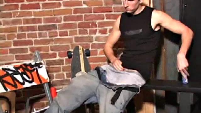 An afternoon of skateboarding has JP horny, so he finds a place to beat off. After removing his jeans he strokes his huge cock until it erupts. We leave this boy with a fresh load running off of his belly.